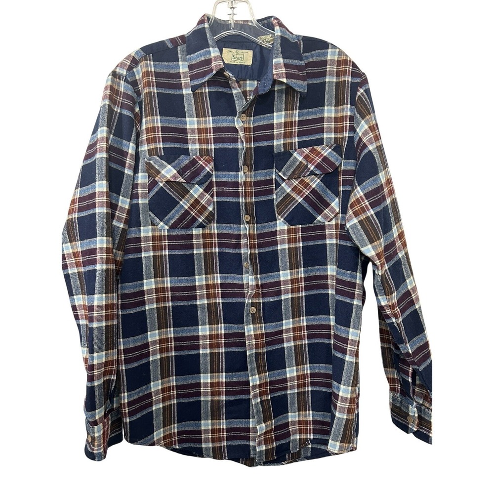 Vintage Sears Plaid Flannel Shirt Mens Tall Medium Navy Blue Burgundy Workwear
